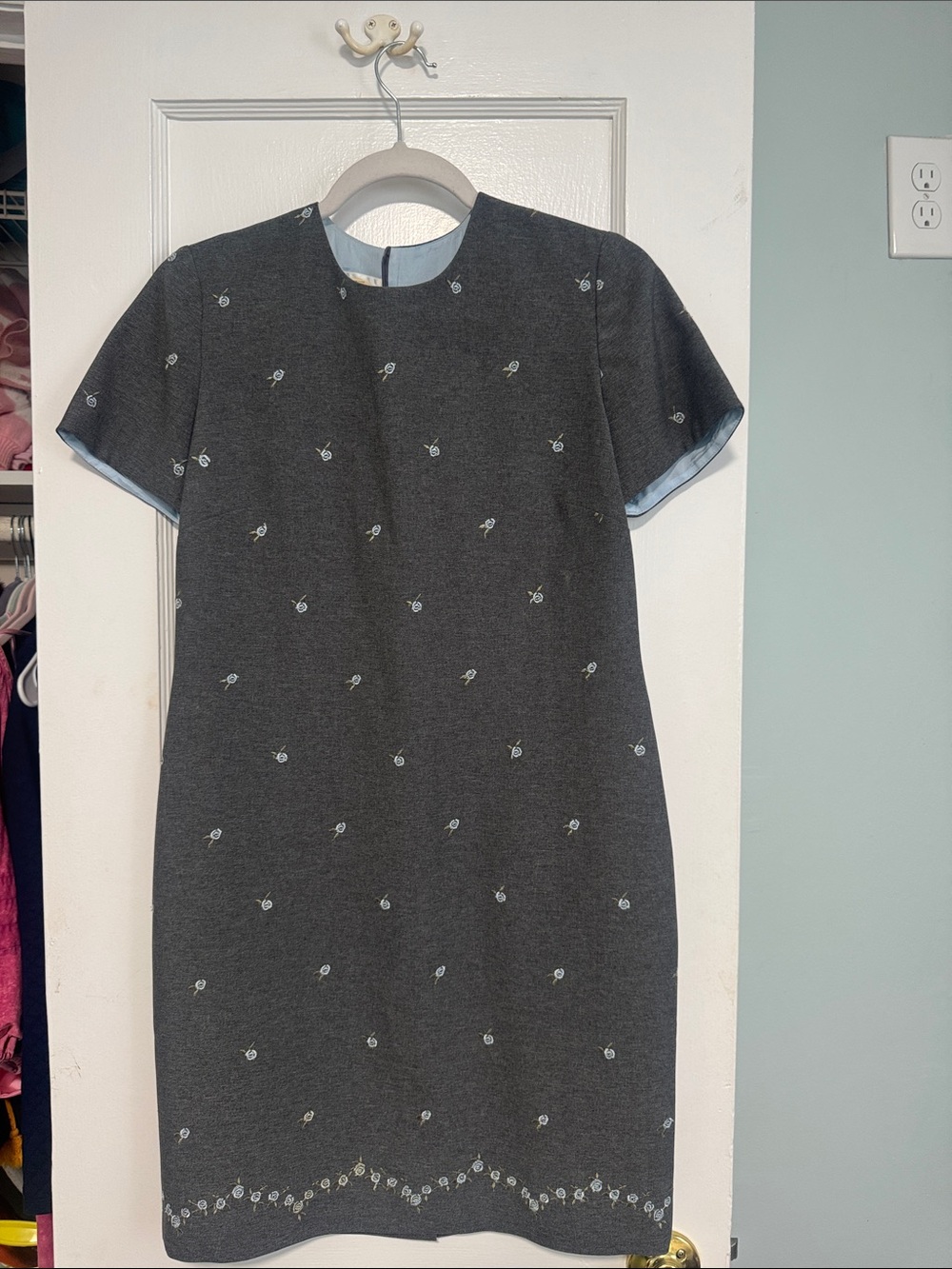 Talbots Charcoal Gray Shift Dress with Light Blue Embroidery